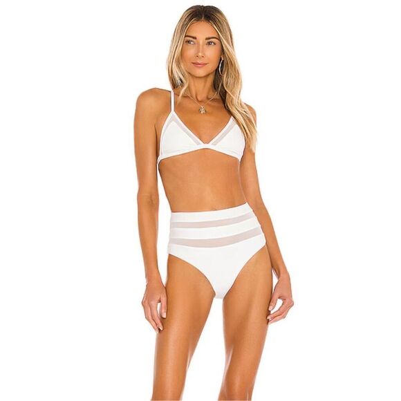 Lovers + Friends Cashel High Waist Bikini Bottom in White Sheer Mesh Stripes Che - Picture 1 of 13